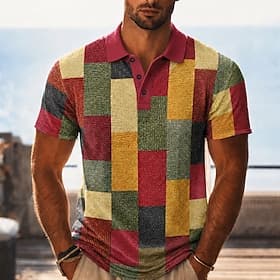 Men's Color Block Geometic Polo Shirts Short Sleeve Polo Shirts Lapel Business Casual Business Athleisure 3D Print Buttons Breathable Mesh Summer Spring Blue R