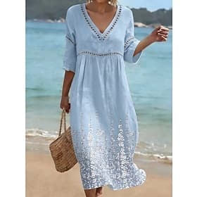 Women's Midi Dress Lace Dress Shift Dress Sundress Summer Dress Vacation Party Casual Daily Office Beach Floral Graphic 3/4 Length Sleeve V Neck Blue White Lig