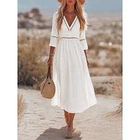 Women's Midi Dress A Line Dress Casual Daily Beach Party Loose Fit Plain 3/4 Length Sleeve V Neck Black White Yellow Green Summer Spring