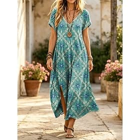 Women's Midi Dress Shift Dress Casual Loose Fit Graphic Geometric Short Sleeve V Neck Pink Green Gray Summer Spring