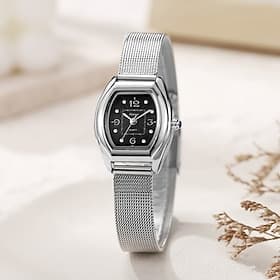 Women's Silver Mesh Band Watch, Vintage Tonneau Black Dial with Crystal Markers, Elegant Ladies Stainless Steel Mesh Strap Analog Quartz Wristwatch, Fashion Je