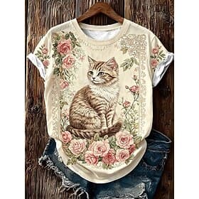 Women's T Shirt Print Floral Graphic Animal Stylish Classic Casual Short Sleeve Crew Neck Regular Tops Casual Daily Khaki Beige Summer Spring