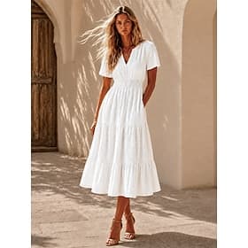 Women's Midi Dress A Line Dress Summer Dress Vacation Party Birthday Daily Regular Fit Plain Short Sleeve V Neck Blue Black White Pink Summer Spring