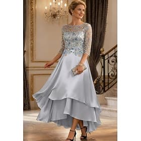 A-Line Asymmetrical Cocktail Dress Wedding Guest Dress Mother of the Bride Dress 3/4 Length Sleeve Boat Neck Elegant Simple Formal Wedding Guest Formal Evening