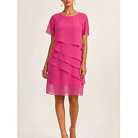 Femmes Robe Longueur Genou Robe en Chiffon Robe Décontractée Élégant Mode Moderne Extérieur Vacances Sortir Coupe régulière Uni Manche Courte Col en V Bleu Ros thumbnail 2