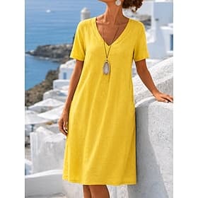 Damenkleid aus Baumwolle und Leinen, knielang, Etuikleid, Sommerkleid, lässig, normale Passform, schlicht, kurze Ärmel, V-Ausschnitt, blau, gelb, grün, Sommer,