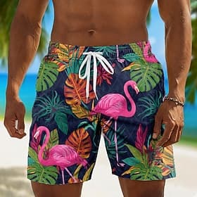 Herren Flamingo Kokospalme Badehosen Badeanzüge Badeshorts Boardshorts Mittlere Taille Hawaiianisch Täglich Strandurlaub Seitentaschen Netzfutter Elastischer K