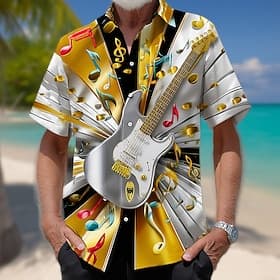 Men's Guitar Musical Instrument Shirt Summer Shirt Button Up Shirt Short Sleeve Vintage Retro Music Festival Beach Vacation Wear Summer Spring Turndown 3D Prin
