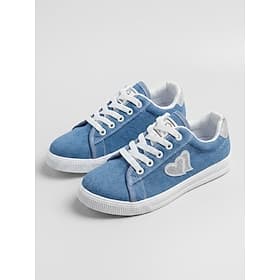 Women's Blue Denim Sneakers - Casual Lace-Up Canvas Shoes with Sparkling Heart Accent, Classic Footwear for Walking, Casual Outings and Travel Wear