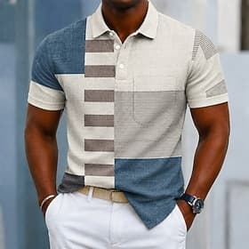 Men's Geometric Color Block Polo Shirts Short Sleeve Polo Shirts Collared Shirts Casual Athleisure Pocket 3D Print Breathable Mesh Summer Spring Blue Red Purpl