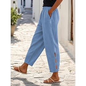 Women's Cotton Blend Chinos Casual Pants Summer Pants Fashion Streetwear Full Length High Waist Plain Pocket Elastic Waistband Comfy Soft Comfortable Inelastic
