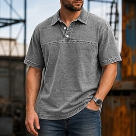 SoftFade™ Men's Acid Wash Shirt Golf Shirt Casual Business Ribbed Polo Collar Short Sleeve Fashion Basic Solid Color Color Block Buttons Washed Summer Spring R