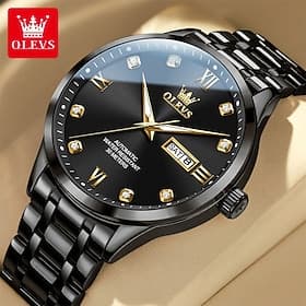 OLEVS Men's Automatic Watch Luxury Black Stainless Steel Mechanical Self Winding Wrist Watch Waterproof Business Dress Watch with Day Date Roman Numeral Diamon