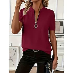 Damen T Shirt T-Shirt Reißverschluss Einfach Mode Stilvoll Klassisch Kurzarm V Ausschnitt Normale Oberteile Lässig Täglich Ausgehen Blau Schwarz Weiß Wein Brau