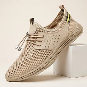 Men's Beige Casual Sneakers Lace-Up Lightweight Breathable Comfort Walking Shoes Knit Low Top Footwear for Daily Wear, Travel, Commuting and Weekend Outings