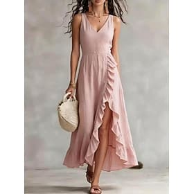 Women's Maxi Dress Summer Dress Ruffle Dress Elegant Basic Classic Daily Vacation Regular Fit Plain Sleeveless V Neck Black White Pink Wine Summer Spring