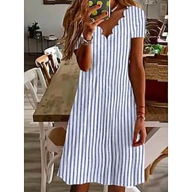 Women's Knee Length Dress Casual Dress Striped Dress A Line Dress Elegant Fashion Modern Daily Vacation Regular Fit Striped Short Sleeve V Neck Blue Yellow Red