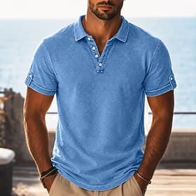 SoftFade™ Men's Polo Shirts 100% Cotton Acid Wash Shirt Casual Holiday Lapel Short Sleeve Fashion Basic Plain Textured Buttons Vintage Summer Spring Blue Brown thumbnail 4