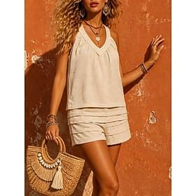 Women's Boho V-Neck Shirred Tank Top  Shorts Set Sleeveless Solid Color Ruffle Fashion Boho Casual Daily Outdoor Black Beige Summer