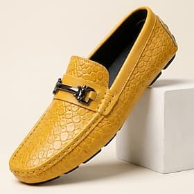 Men's Yellow Croc-Embossed Bit Loafers Slip-On Lightweight Smart Casual Dress Shoes Gentleman Footwear for Parties, Banquets, Driving and Everyday Stylish Wear