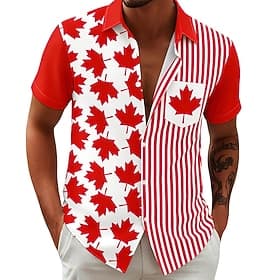Canada Day Men's Striped Maple Leaf National Flag Shirt Summer Shirt Button Up Shirt Short Sleeve Patriotic Outdoor Holiday Summer Spring Turndown 3D Print Col thumbnail 2