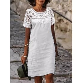Women's Knee Length Dress Lace Dress White Dress Summer Dress Elegant Fashion Beach Vacation Regular Fit Floral Short Sleeve Crew Neck White Pink Summer Spring
