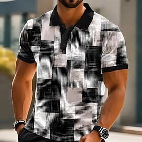 Men's Color Block Geometic Polo Shirts Short Sleeve Polo Shirts Collared Shirts Casual Athleisure 3D Print Buttons Spring  Summer Blue Black Red