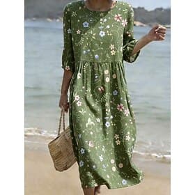 Women's Midi Dress Shift Dress Sundress Vacation Casual Beach Going out Regular Fit Floral Graphic 3/4 Length Sleeve Crewneck White Pink Green Summer Spring Fa