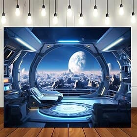 Wandteppich mit Raumstationsfenster, Science-Fiction-Galaxie-Planetenlandschaft als Wandbehang für Schlafzimmer, Studentenwohnheim oder Wohnzimmer