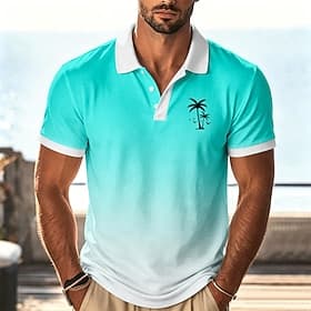Men's Ombre Palm Tree Hawaiian Polo Shirts Short Sleeve Polo Shirts Collared Shirts Casual Athleisure Vacation Wear 3D Print Buttons Breathable Mesh Spring  Su