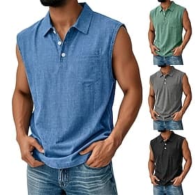 Men's Shirt Linen Shirt Summer Shirt Beach Shirt Plain Casual Daily Blue Black Green Khaki Sleeveless Collar Summer Spring Clothing Apparel Pocket