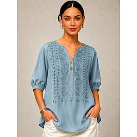 Women's Shirt Lace Splicing Top Embroidered Floral Elegant Bohemia Ethnic 3/4 Length Sleeve V Neck Long Tops Casual Daily Going out Blue Spring Fall