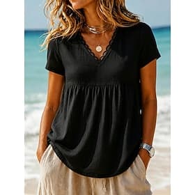 Women's Cotton Linen Shirts Lace Splicing Top Ruffle Patchwork Lace Trim Solid Color Plain Vintage Short Sleeve V Neck Regular Tops Casual Black White Summer S