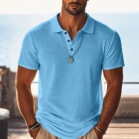 Homme Chemise en lin Polo Occasionnel Vacances Classique Manche Courte Vacances Mode Uni Texturé Poids Léger Boutons Printemps  Été Bleu Noir Rose Claire Vert thumbnail 2