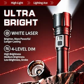 Rechargeable Flashlight High Lumens, White Laser LED Tactical Flashlight with Type-C Charging, LCD Battery Display, 4 Light Modes, Long Range Aluminum Alloy Fl