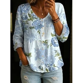 Women's Shirt Ruched Buttons Floral Graphic Elegant Bohemia Vacation V Neck Crop Tops Blue Summer Spring