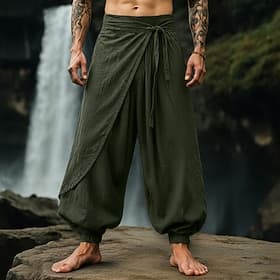 Men's Linen Pants Summer Pants Baggy Pants Elastic Cuff Plain Comfort Breathable Full Length Casual Daily Outdoor Vacation Vintage Army Green Red Inelastic thumbnail 2