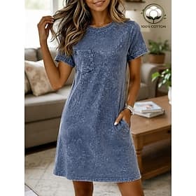 Women's 100% Cotton T Shirt Dress Washed Dress Regular Fit Plain Short Sleeve Crew Neck  Knee Length Dress