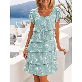 Women's Knee Length Dress Chiffon Dress Floral Dress Elegant Fashion Modern Vacation Party Weekend Regular Fit Floral Short Sleeve Crew Neck Blue Pink Green Su