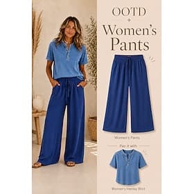 Women's Trousers Summer Pants Baggy Pants Vacation Fashion Basic Full Length High Waist Drawstring Elastic Waist Wide Leg Comfort Lightweight Soft Inelastic Be thumbnail 2