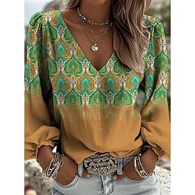 Women's Shirt Graphic Geometric Paisley Bohemia Vacation Vintage Long Sleeve V Neck Long Tops Casual Daily Holiday Blue Purple Orange Green Summer Spring Fall
