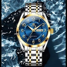 OLEVS Men's Watch Luxury Two Tone Stainless Steel Quartz Wristwatch Waterproof Luminous Blue Dial Business Dress Watch with Day Date Display Arabic Numerals Gi