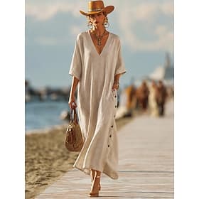Women's Maxi Dress Shift Dress Casual Beach Holiday Loose Fit Plain Half Sleeve V Neck Blue Pink Beige Summer Spring