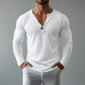 Men's Linen T-Shirt Long Sleeve Henley Spring  Summer Summer Spring Solid Color Plain Textured Vintage Bohemian Casual See Through Casual Vacation Street Black