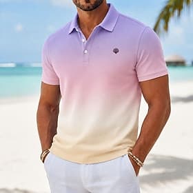 Men's Gradient Hawaiian Polo Shirts Short Sleeve Polo Shirts Collared Shirts Casual Resort Athleisure 3D Print Buttons Breathable Mesh Spring  Summer Blue Purp