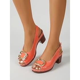 Women's Orange Red Patent Block Heel Sandals – Elegant Peep Toe Slingback Shoes with Metal Buckle, Comfortable Heeled Sandals for Garden Party, Travel, Shoppin