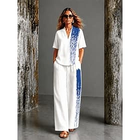 Per donna Camicia Set di biancheria in cotone Set di Pantaloni Manica Corta Scollo a V Floreale Grafico Geometrico Stampato Vacanza Moda Streetwear Casuale Quo thumbnail 5