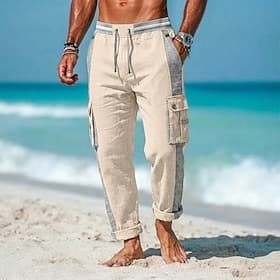 Men's Cargo Pants Linen Pants Summer Pants Drawstring Patchwork Elastic Waist Plain Comfort Breathable Full Length Casual Daily Beach Vacation Fashion Blue Kha