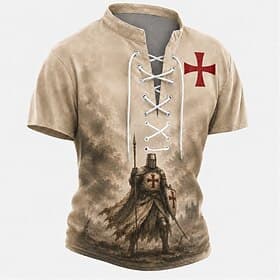 Voor heren Tempeliers Kruis Henley-shirt T-shirt T-shirt Korte mouw T-shirt 3D-afdrukken Veterhals Henley Overhemd Religieus Dagelijks Festival Zwart Rood Khak thumbnail 2