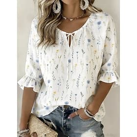 Dames Overhemd Blouse Trekkoord strik voorkant Afdrukken Bloemig Grafisch Vintage Dagelijks Stijlvol Halve mouw Strakke ronde hals Lange tops Casual Dagelijks thumbnail 2